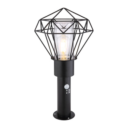 Zwarte metalen staande buitenlamp met draadframe en glazen cilinder