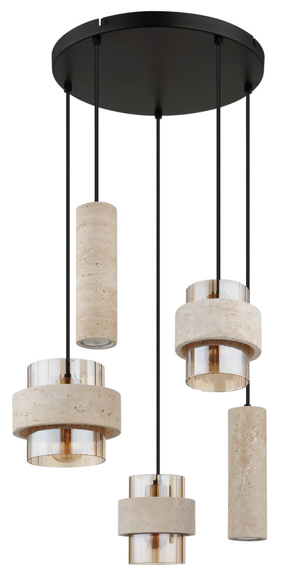 Zwarte metalen hanglamp met stenen kappen en geribbeld amberkleurig glas – afbeelding 1