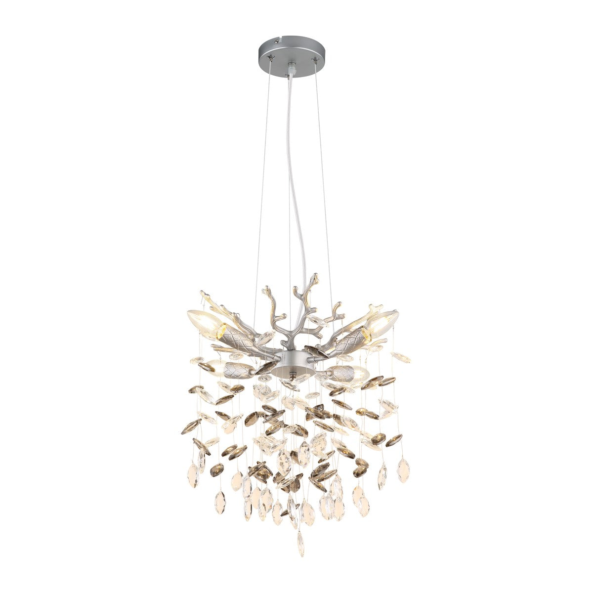 Zilverkleurige metalen hanglamp met glazen blaadjes en vertakte armen