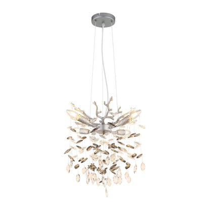 Zilverkleurige metalen hanglamp met glazen blaadjes en vertakte armen