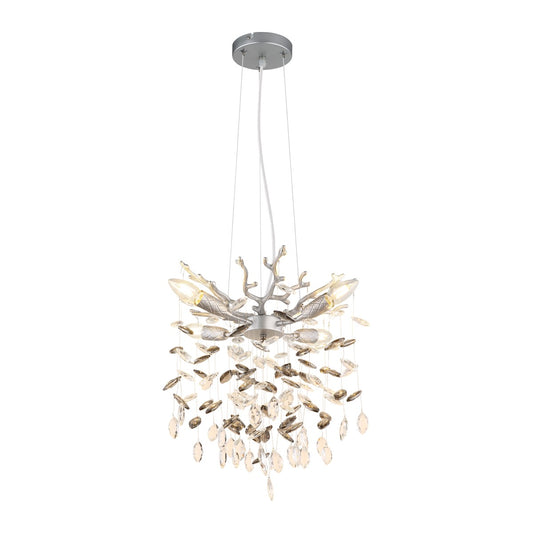 Zilverkleurige metalen hanglamp met glazen blaadjes en vertakte armen