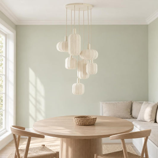 Závěsná lampa Tufia béžovo-krémová Ø53 cm – fotografie v interiéru
