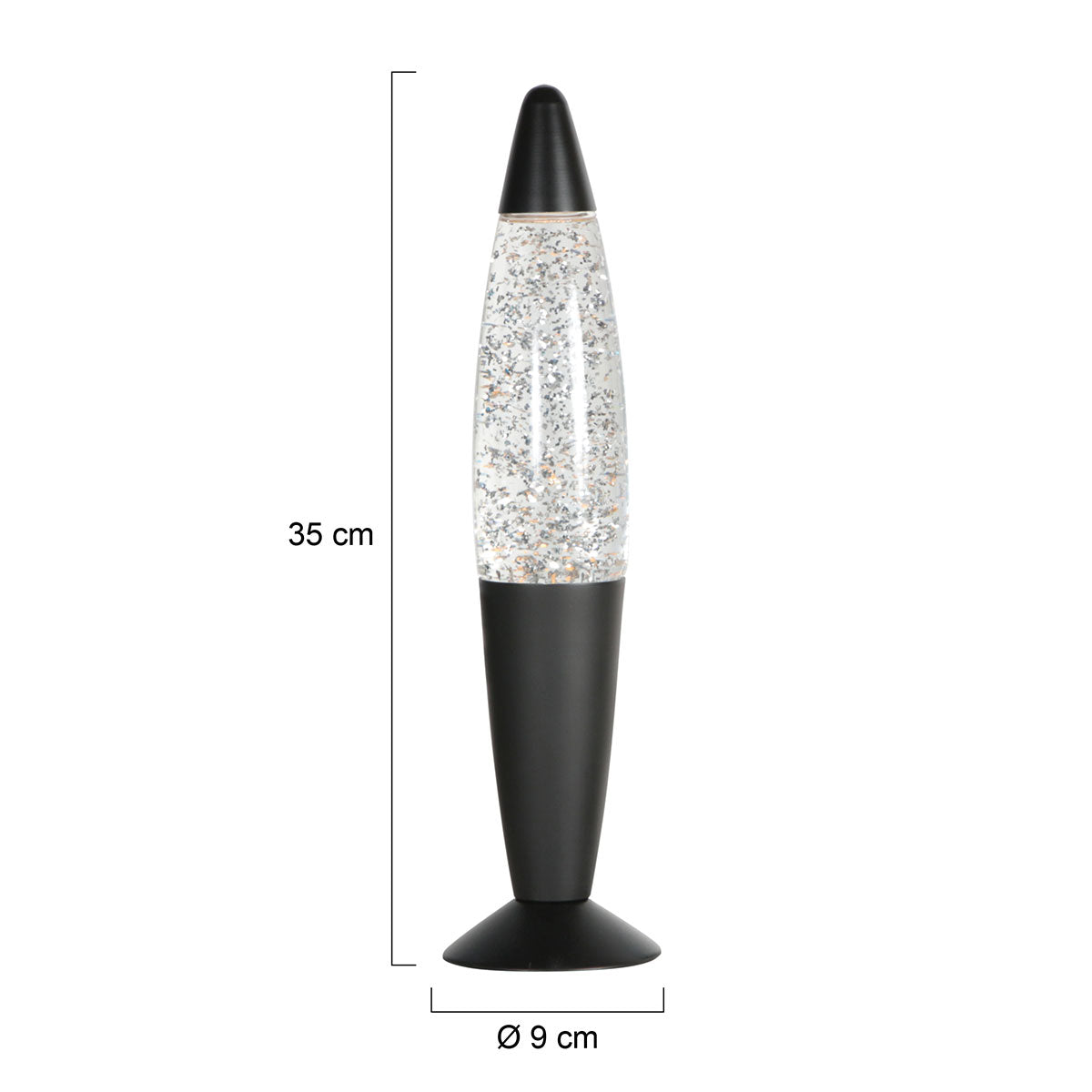 Retro lampa lawowa z brokatem Mexlite Volcan, czarna – rysunek z wymiarami
