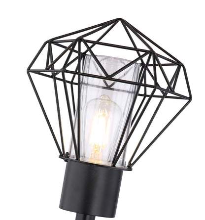 Zwarte metalen buitenwandlamp met glazen koker en geometrisch draadframe – afbeelding 3