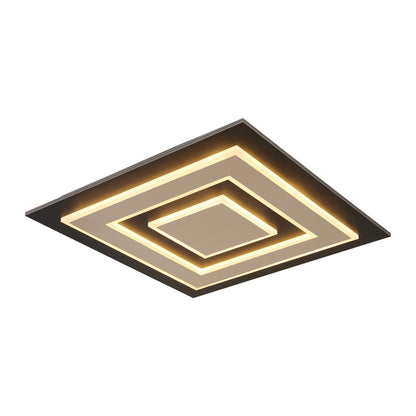 Zwarte metalen plafondlamp met vierkante vorm en concentrische lichtlijnen