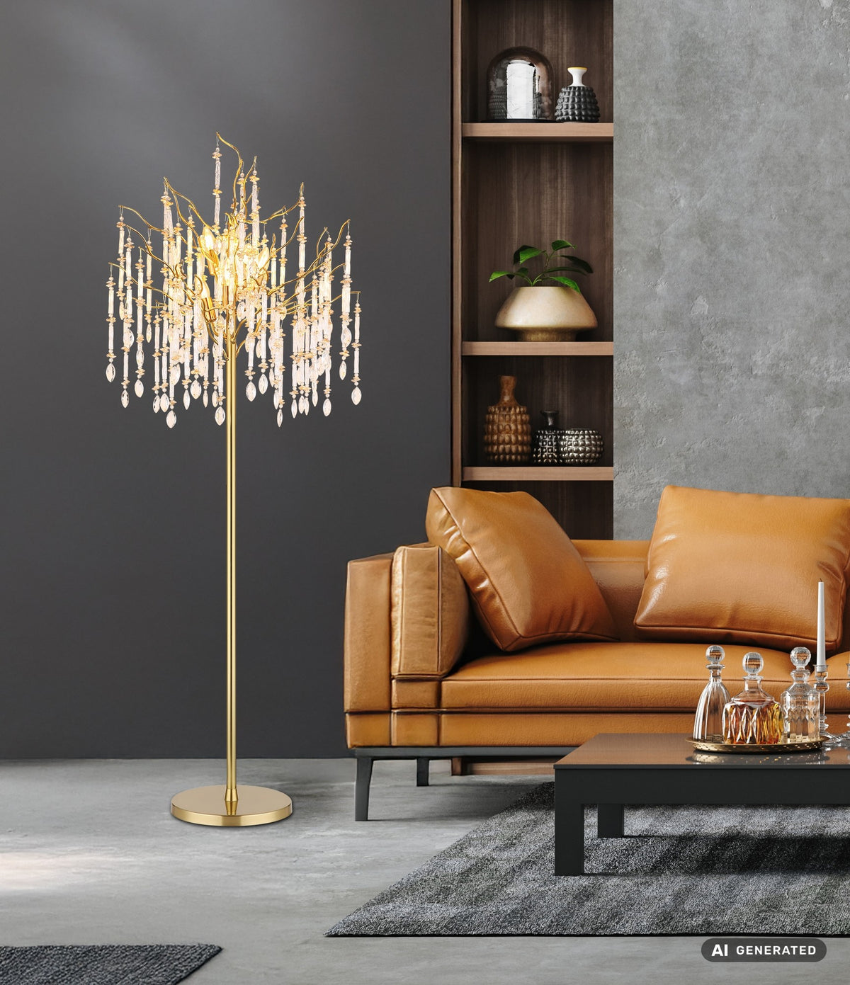 Lampada da terra a 5 luci in cristallo dorato raffinato – immagine 5
