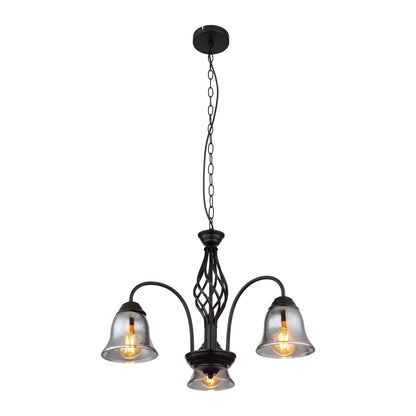 Zwarte metalen hanglamp met drie rookglazen kappen en gebogen armen