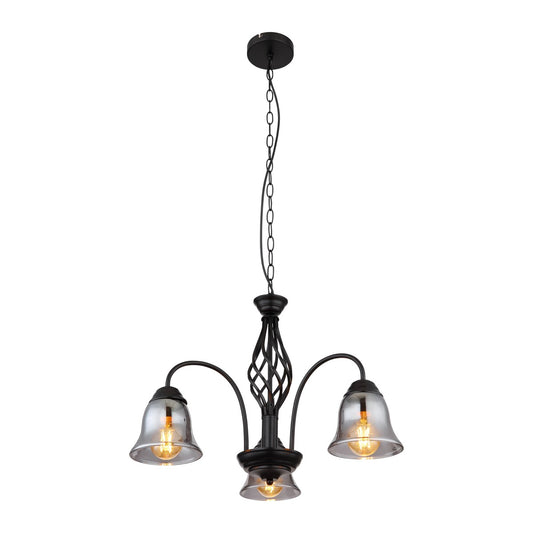 Zwarte metalen hanglamp met drie rookglazen kappen en gebogen armen
