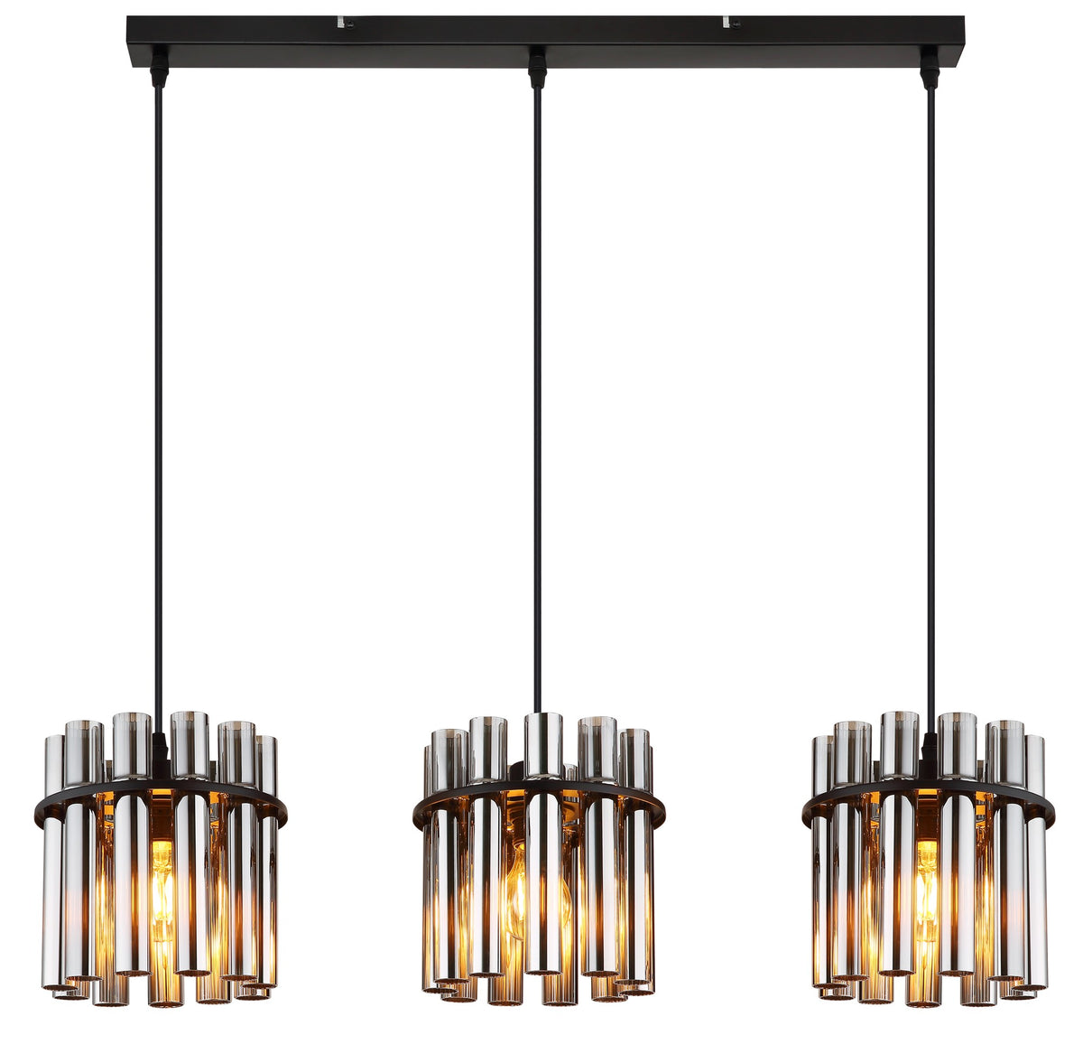 Zwarte metalen hanglamp met geribbelde rookglazen kappen – afbeelding 2