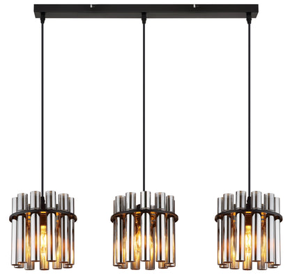 Zwarte metalen hanglamp met geribbelde rookglazen kappen – afbeelding 2