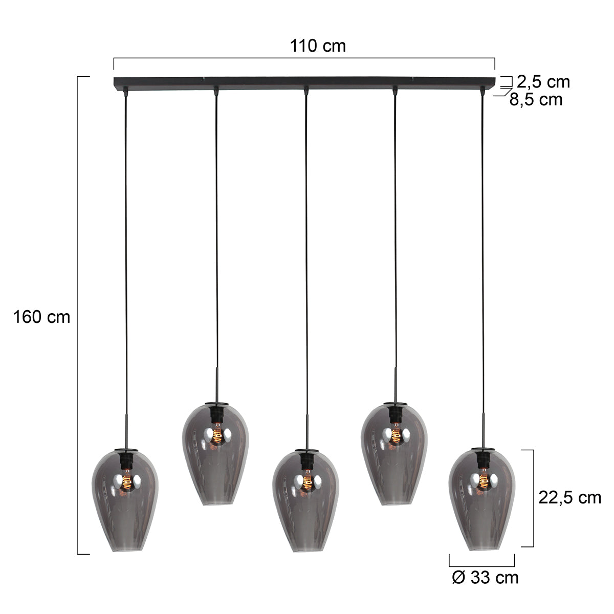 Lampada a sospensione nera con 5 vetri fumé Mexlite HaloSwap – disegno con le misure
