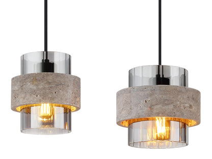 Zwarte metalen hanglamp met vier stenen ringen en rookglazen kokers – afbeelding 3