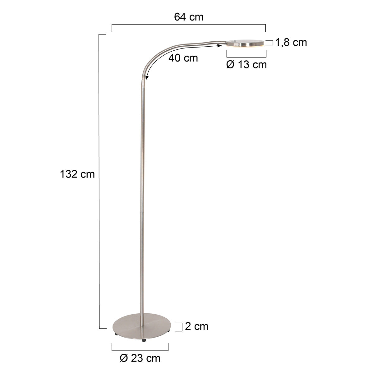 Mexlite Platu Adjustable Steel LED Floor Lamp – dimension drawing