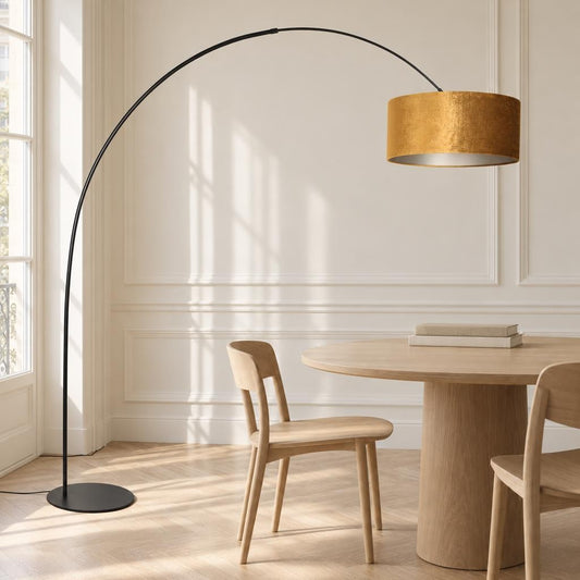 Anne Lighting Curve Arc Floor Lamp Black with Gold Velvet Shade – lifestyle image