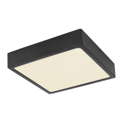 Zwarte metalen plafondlamp met opalen lichtkap en afgeronde hoeken