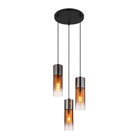 Zwarte metalen hanglamp met glazen cilinderkappen en koperen details