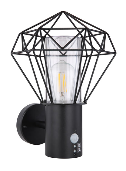 Zwarte metalen buitenwandlamp met geometrisch draadframe – afbeelding 1