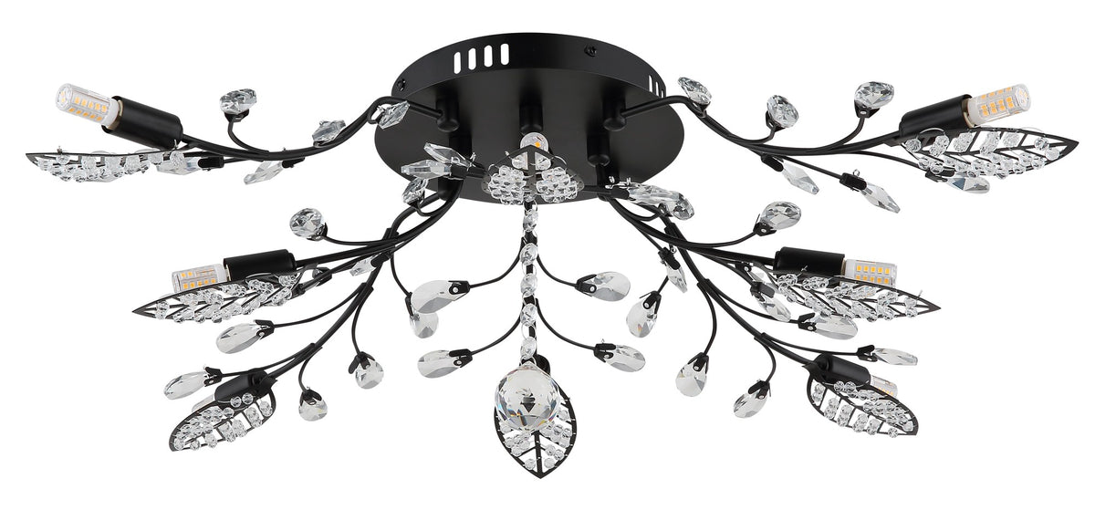 Zwarte metalen plafondlamp met kristallen blaadjes en vertakte armen – afbeelding 1