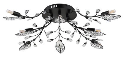 Zwarte metalen plafondlamp met kristallen blaadjes en vertakte armen – afbeelding 1