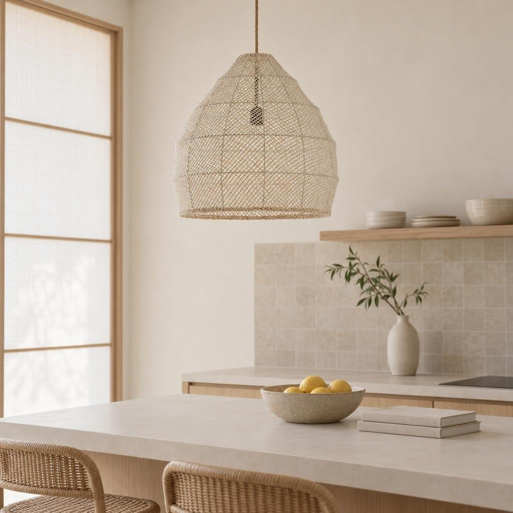 Beige grof geweven hanglamp met rotanlook Light & Living Makassar – sfeerbeeld