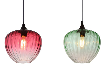 Zwarte metalen hanglamp met drie geribbelde glazen bollen en plafondbalk – afbeelding 3