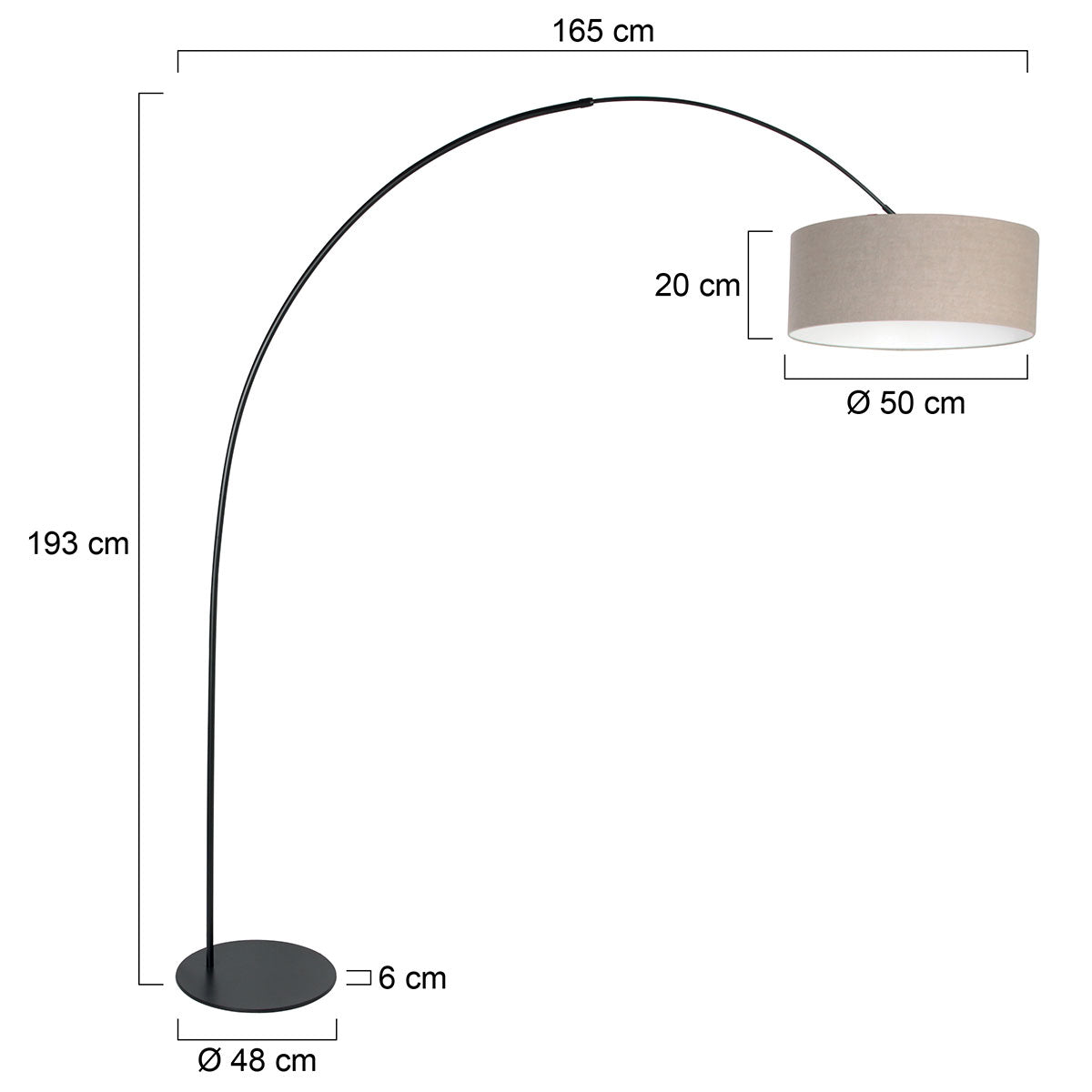 Черна дъгова подова лампа със сив абажур Anne Lighting Curve – чертеж с размери