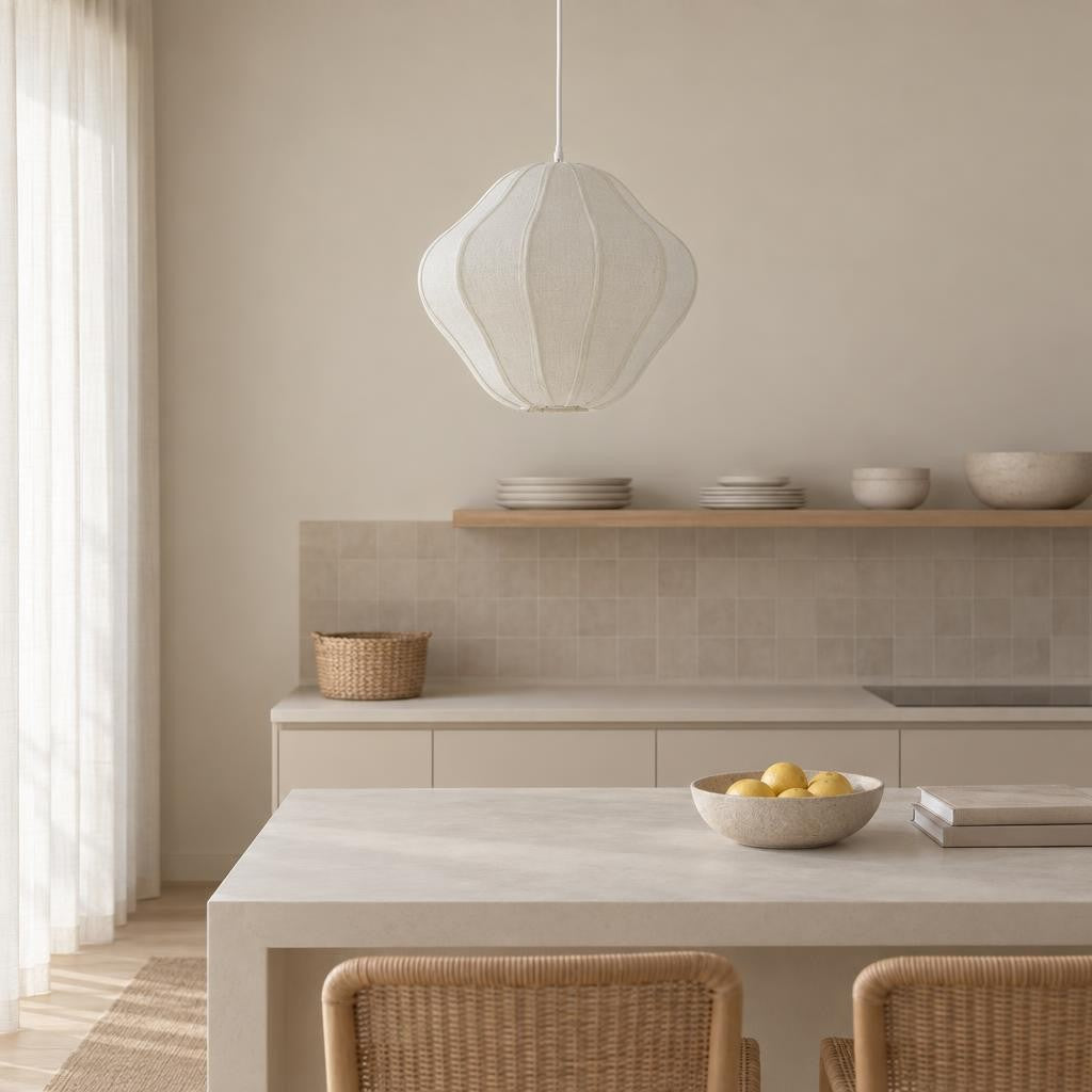 Witte stoffen hanglamp Light & Living Sukau – sfeerbeeld