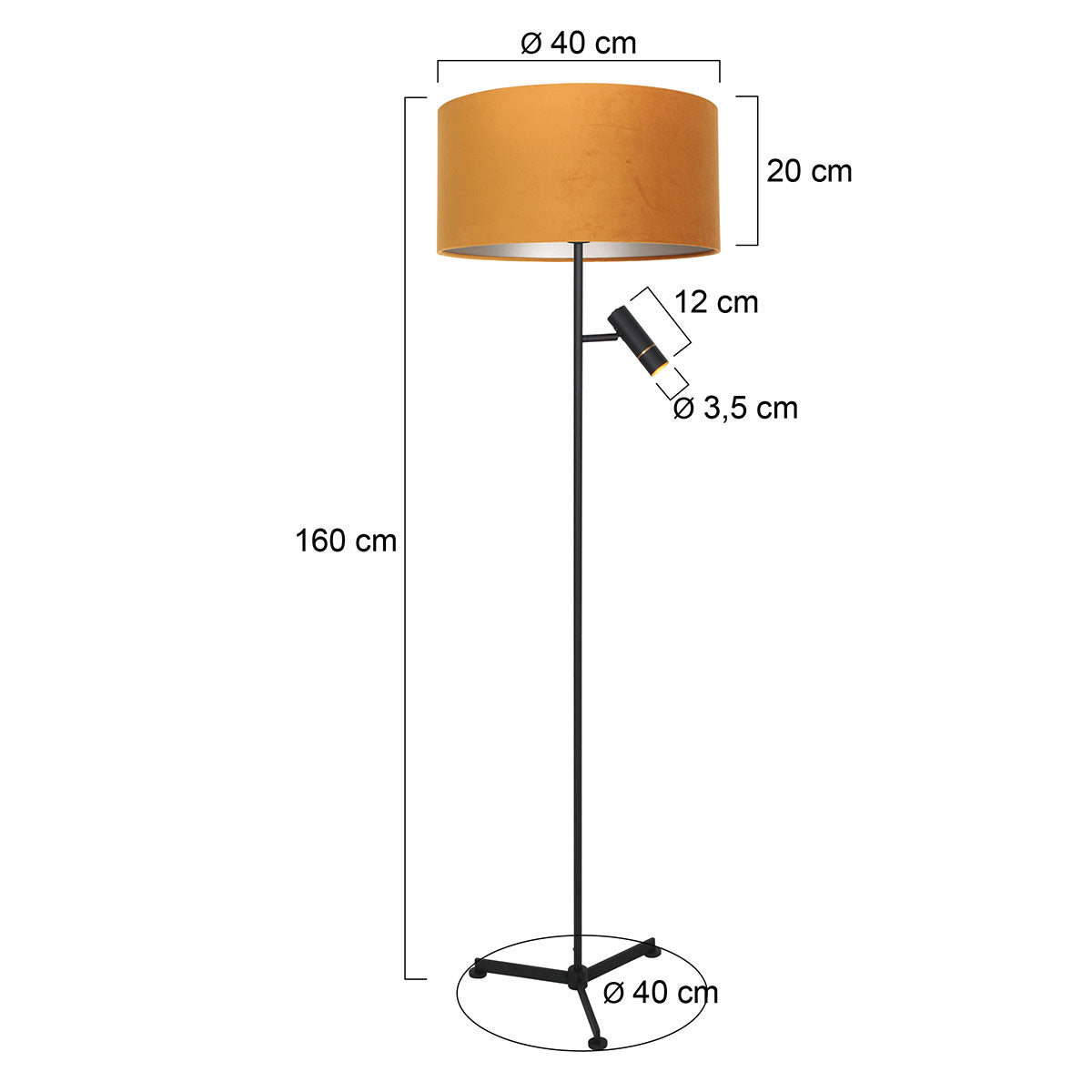 Steinhauer Stang crna tripod podna lampa sa zlatnim baršunastim sjenilom – skica s dimenzijama