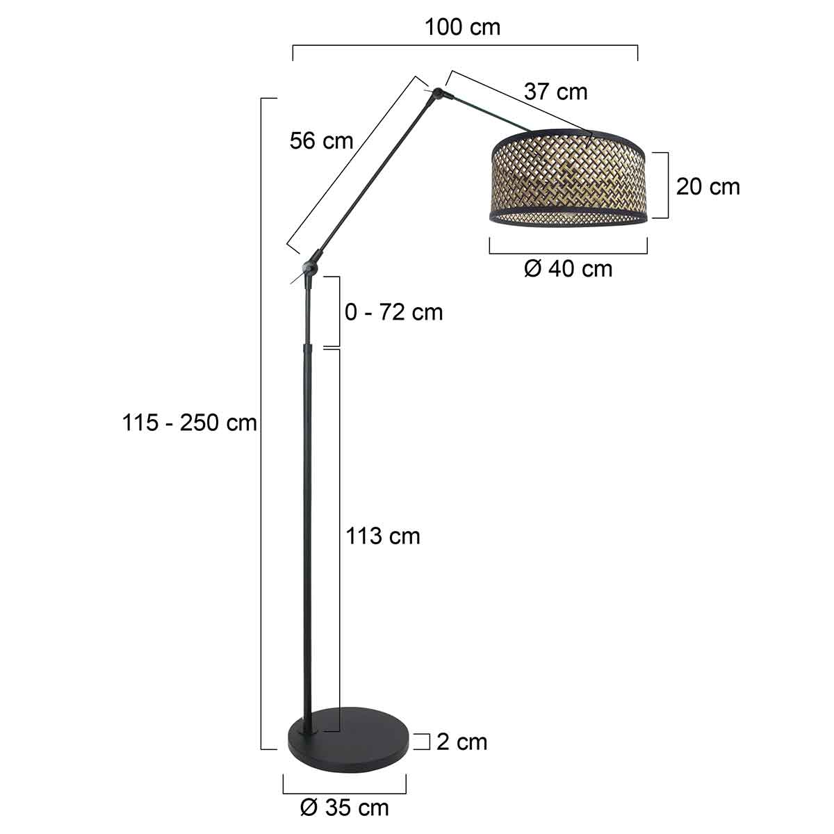 Czarna lampa łukowa z bambusowym kloszem Steinhauer Prestige Chic – rysunek z wymiarami