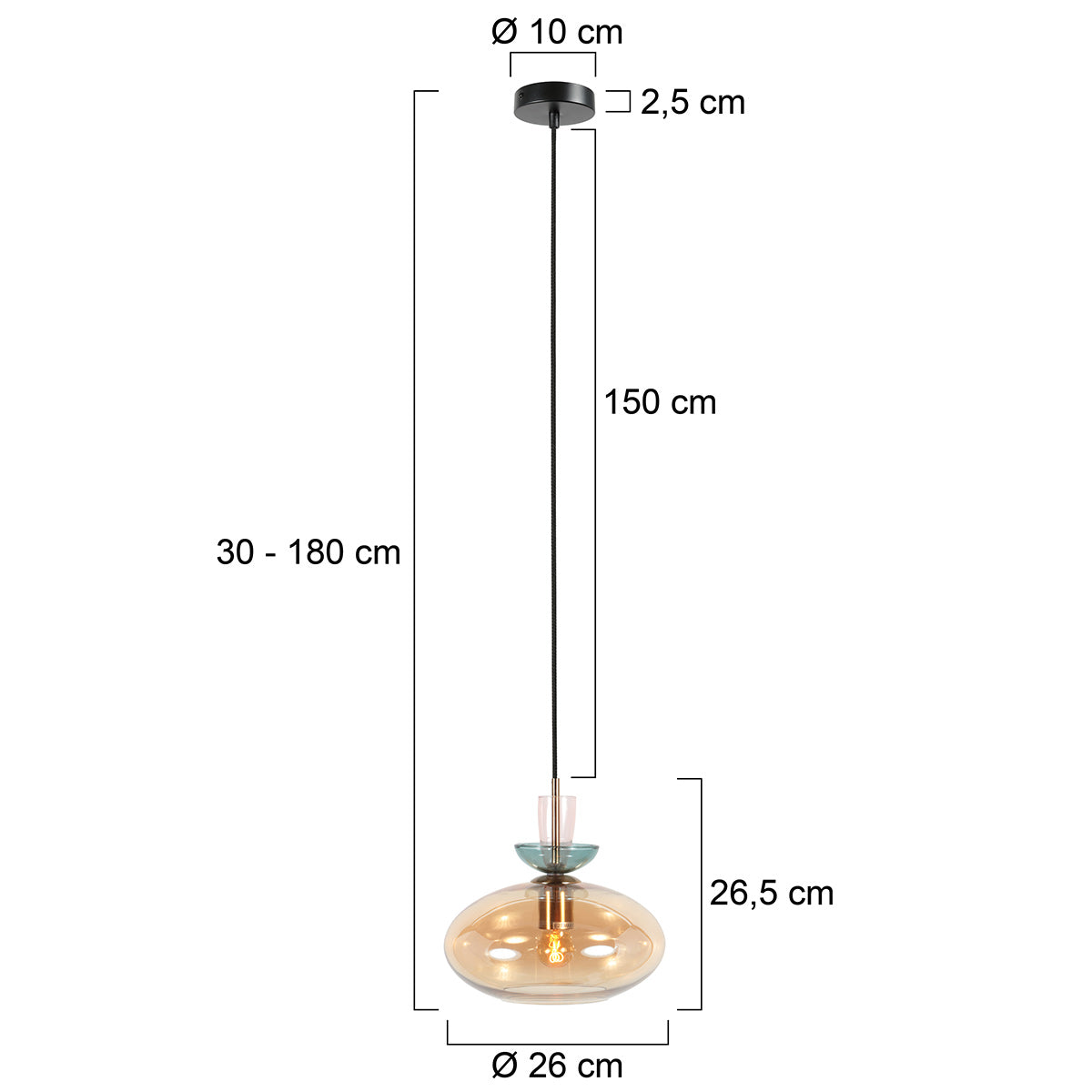 Luminária de pendente em vidro marrom com detalhes coloridos Anne Light Malboo – desenho com dimensões