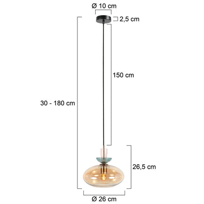 Luminária de pendente em vidro marrom com detalhes coloridos Anne Light Malboo – desenho com dimensões
