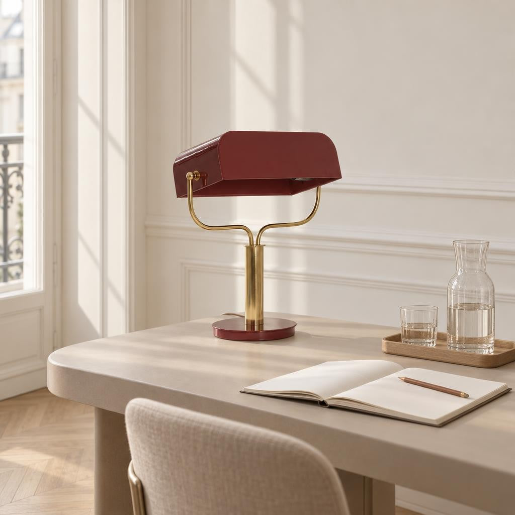 Rode tafellamp Light & Living Ayer met metalen bankierskap – sfeerbeeld