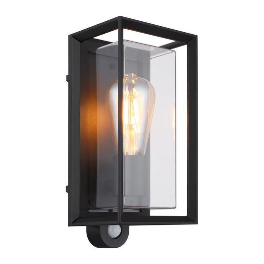 Zwarte aluminium buitenwandlamp met kunststof kap en bewegingssensor