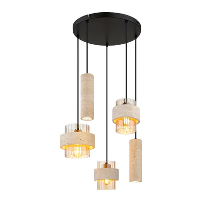 Zwarte metalen hanglamp met stenen kappen en geribbeld amberkleurig glas