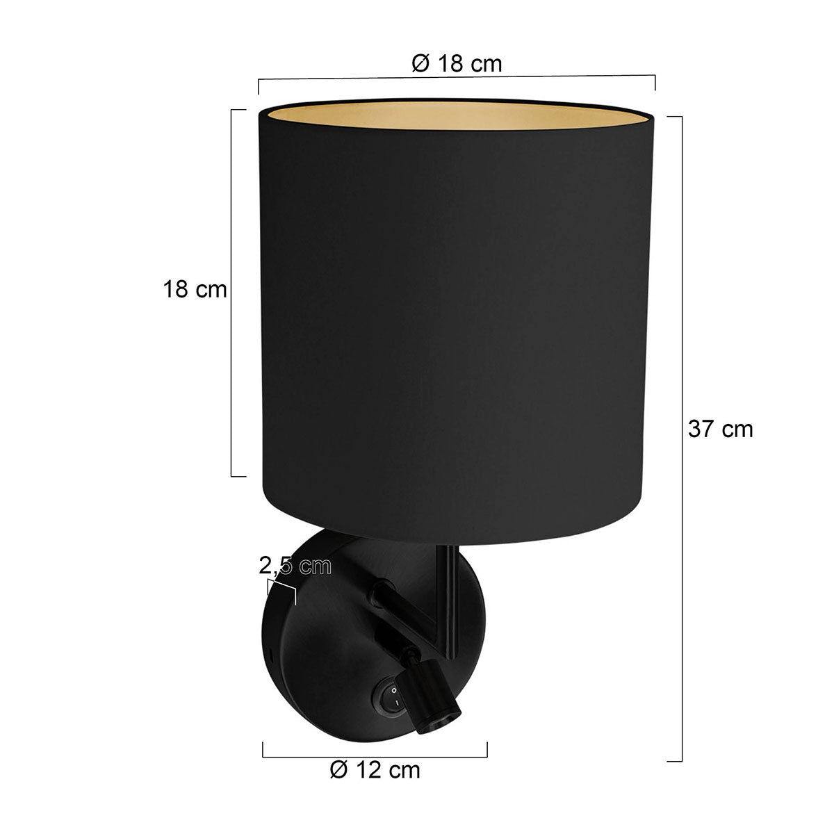 Mexlite Noor zwarte wandlamp met leeslampje – maattekening