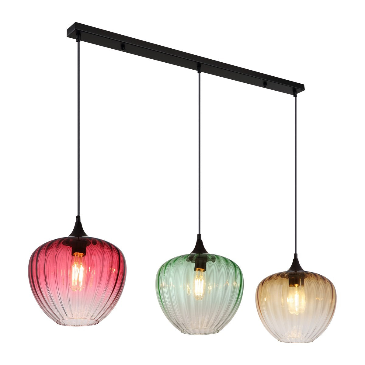 Zwarte metalen hanglamp met drie geribbelde glazen bollen en plafondbalk