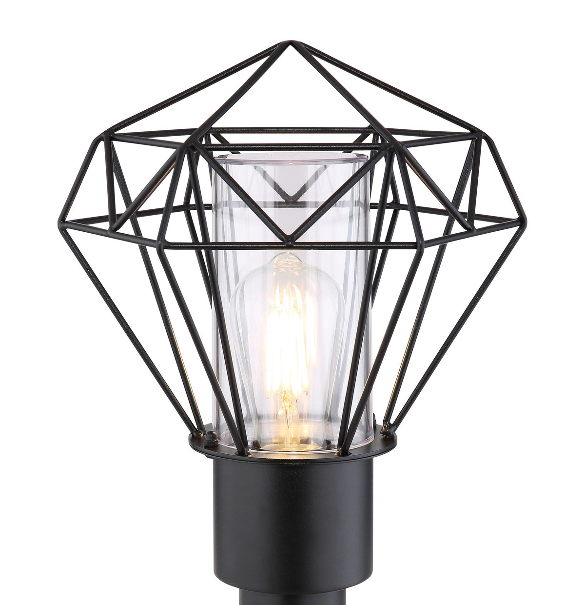 Zwarte metalen staande buitenlamp met draadframe en glazen cilinder – afbeelding 2