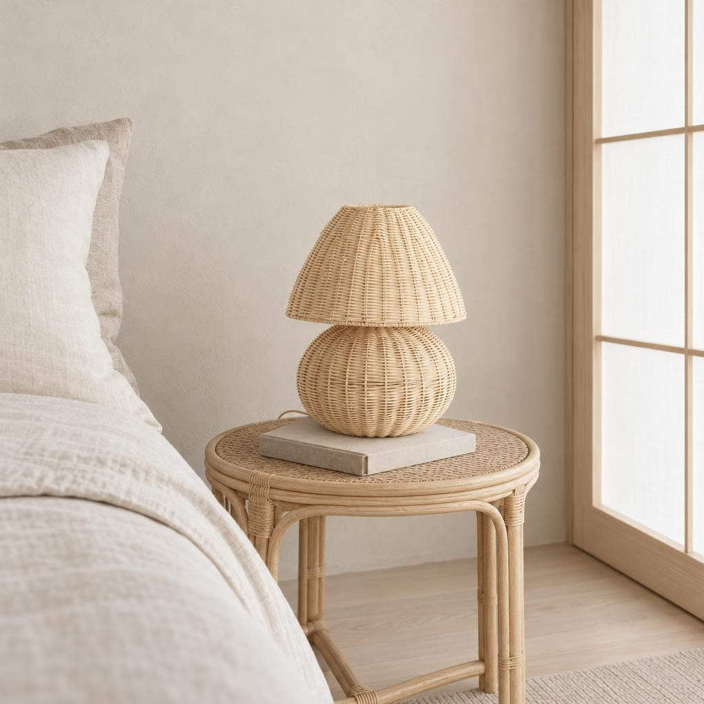Candeeiro de mesa Mavon em rattan natural Japandi – fotografia de ambiente
