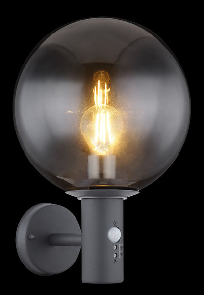 Zwarte metalen buitenwandlamp met gerookte glazen bolkap en ronde wandplaat – afbeelding 3