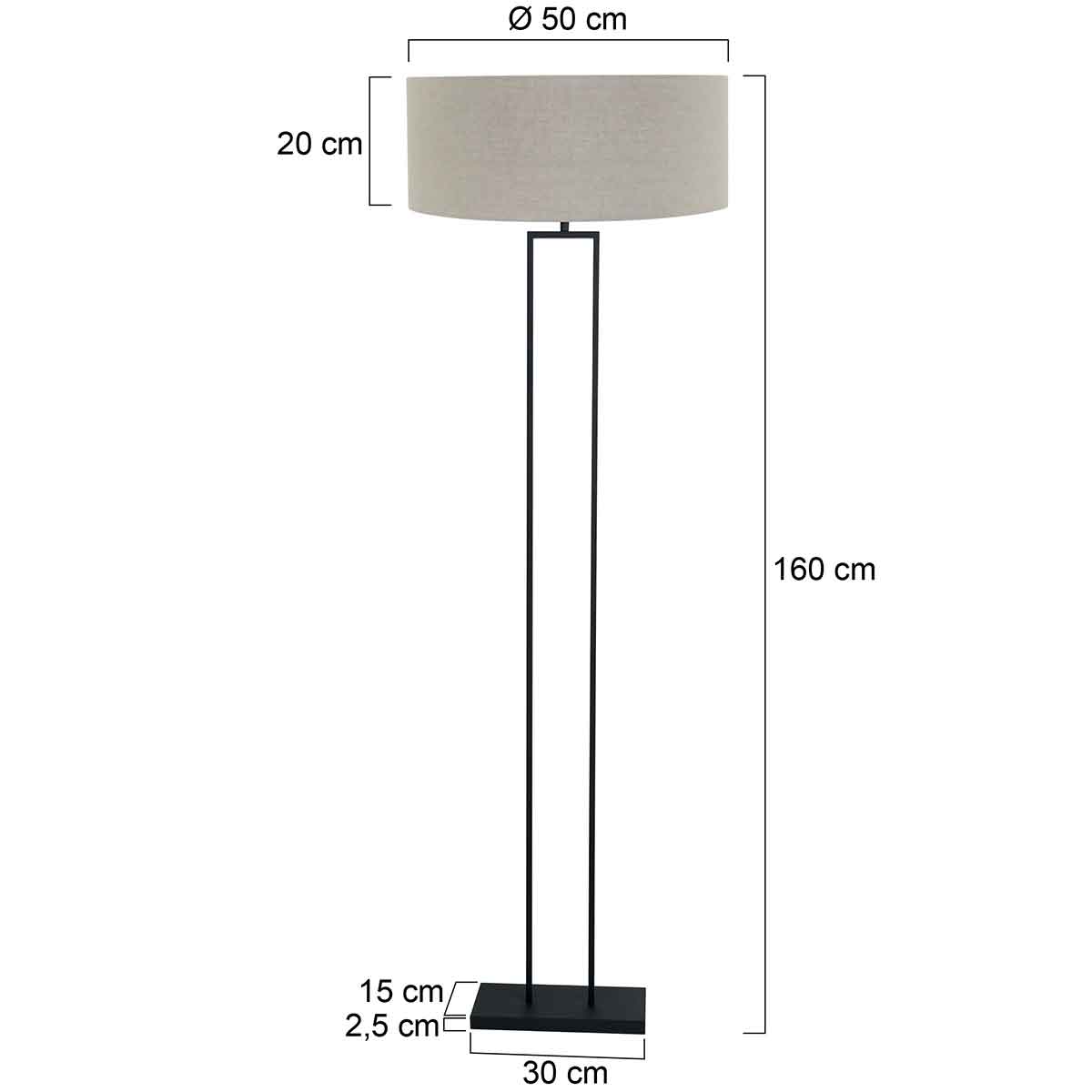 Steinhauer Stang Black Floor Lamp with Grey Linen Shade – dimension drawing