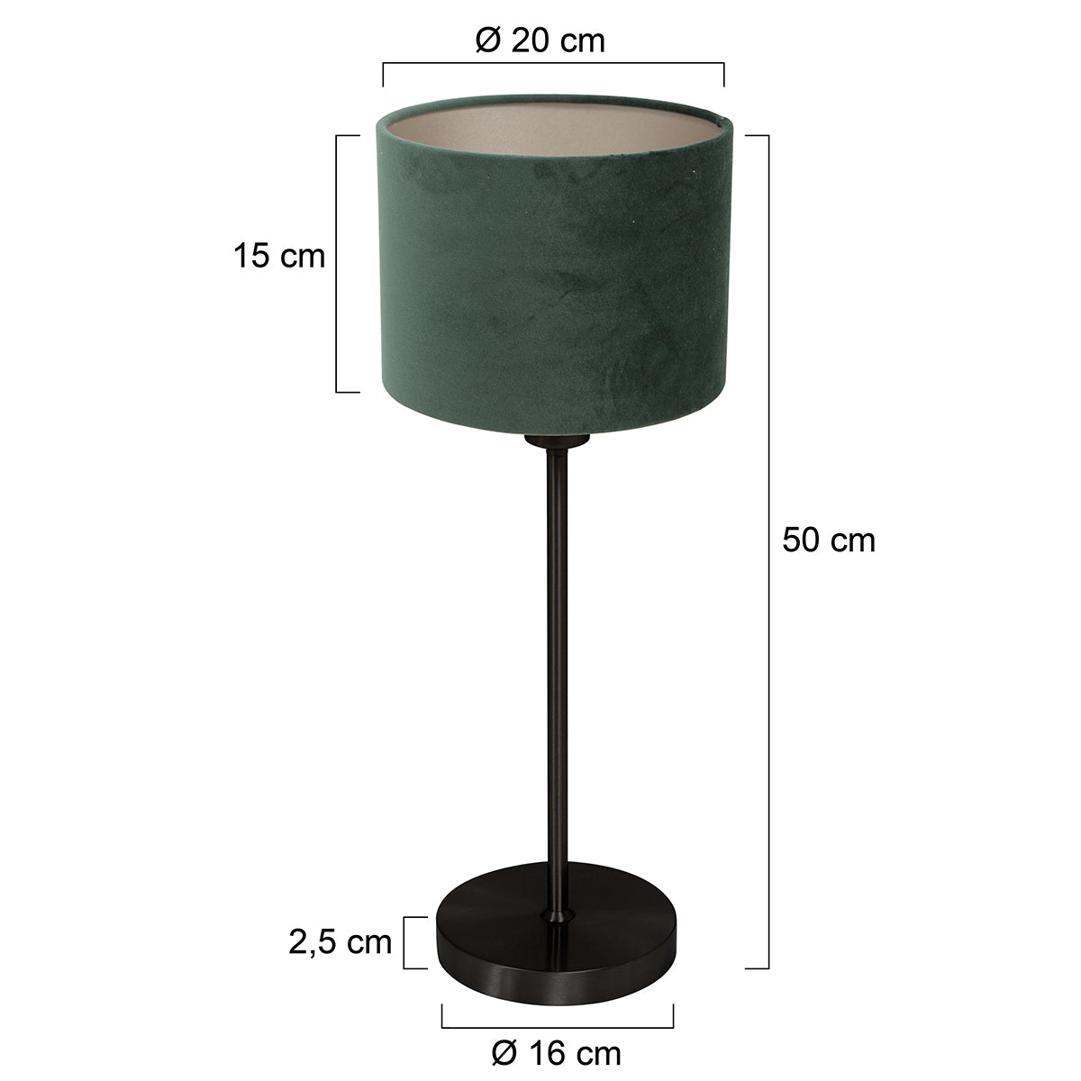 Stolná lampa Mexlite Noor – zelené zamatové tienidlo – rozmerový nákres