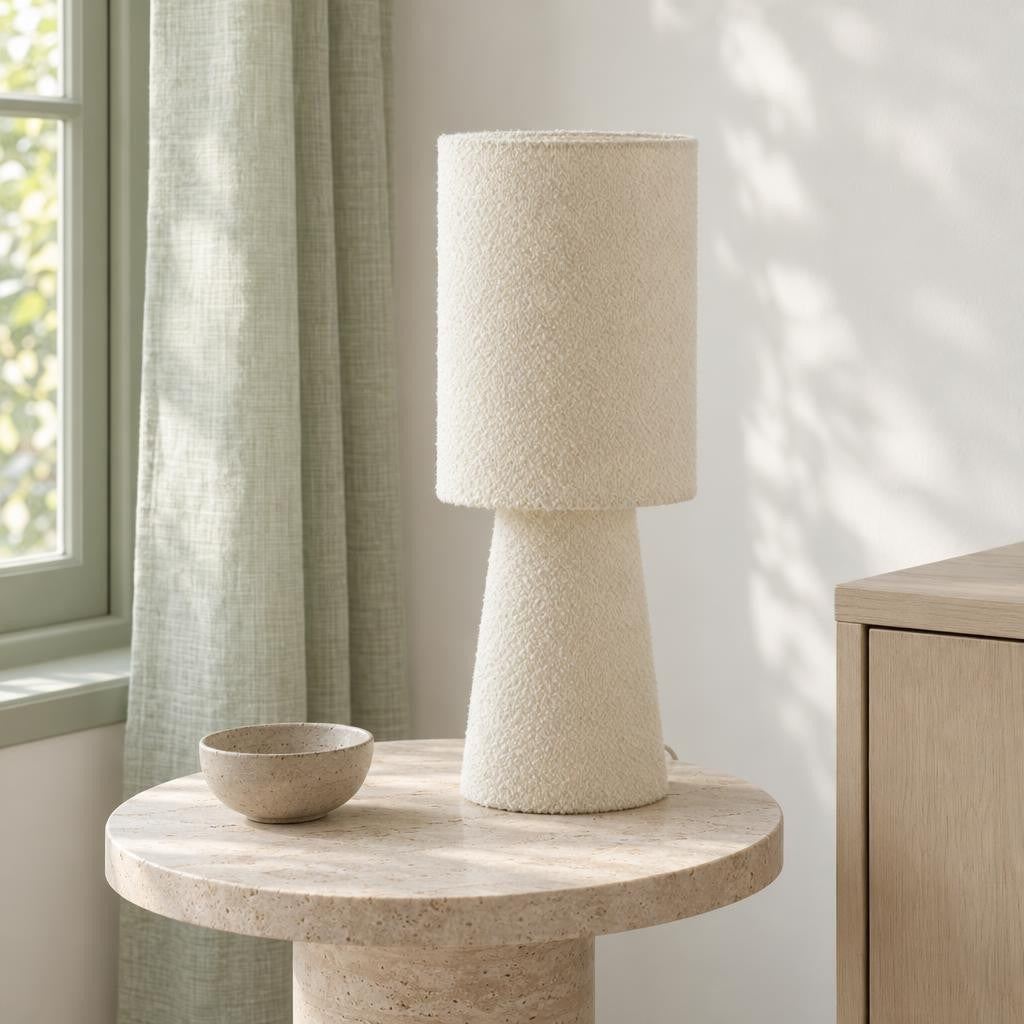 Cremefarvet bordlampe i stof – Light & Living Mikkel – stemningsbillede