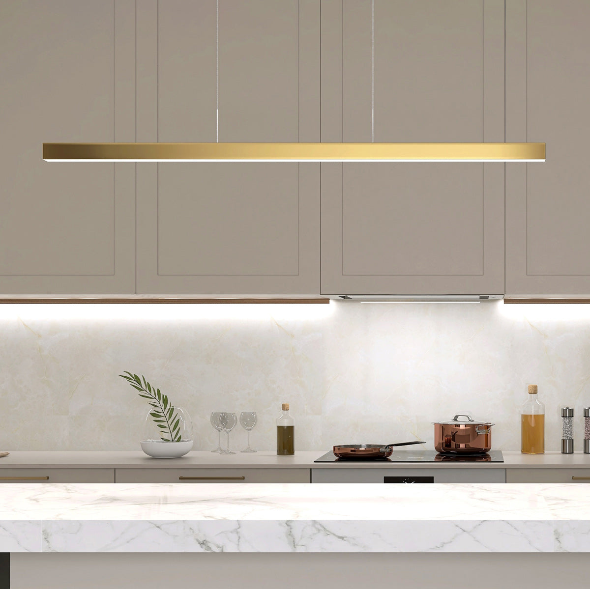 Златиста LED висяща лампа Mexlite BrightLine – интериорна снимка