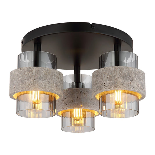 Zwarte metalen plafondlamp met stenen kappen en smoke glas
