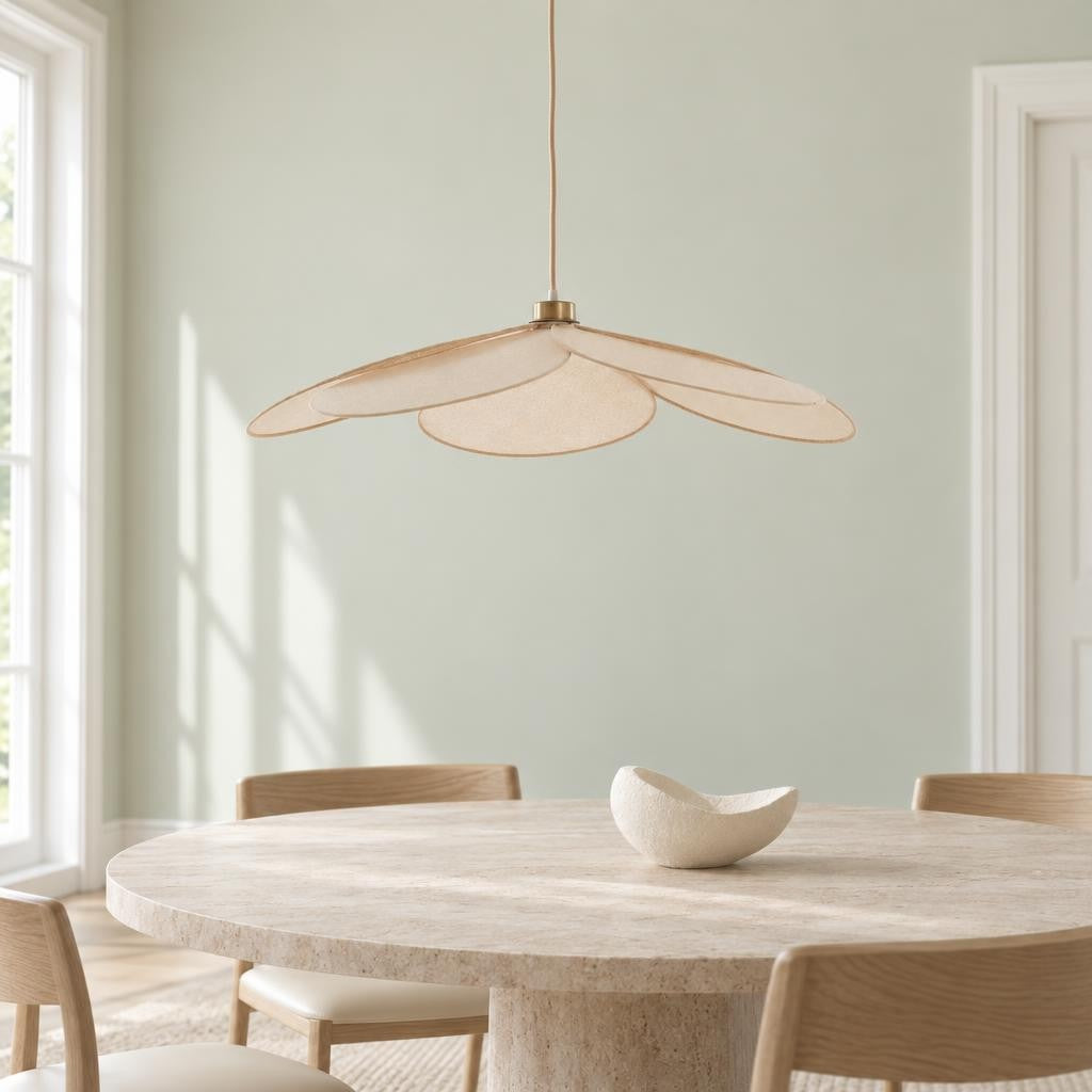 Beige pendellampe i tekstil, blomsterform – Light & Living Fyano – stemningsbillede