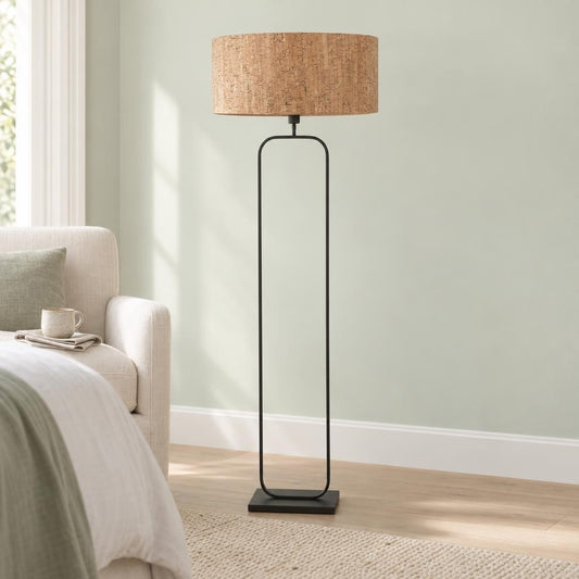 zwarte-vloerlamp-met-beige-kurkstructuur-lampenkap-50-cm-steinhauer-stang-ai-sfeer_image