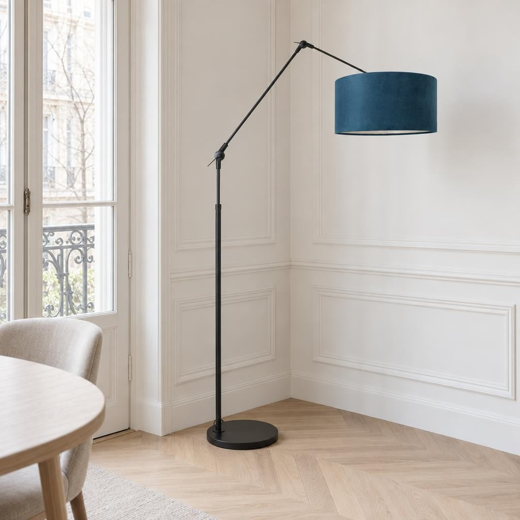 Steinhauer Prestige Arc Floor Lamp – Black with Blue Velvet Shade – lifestyle image