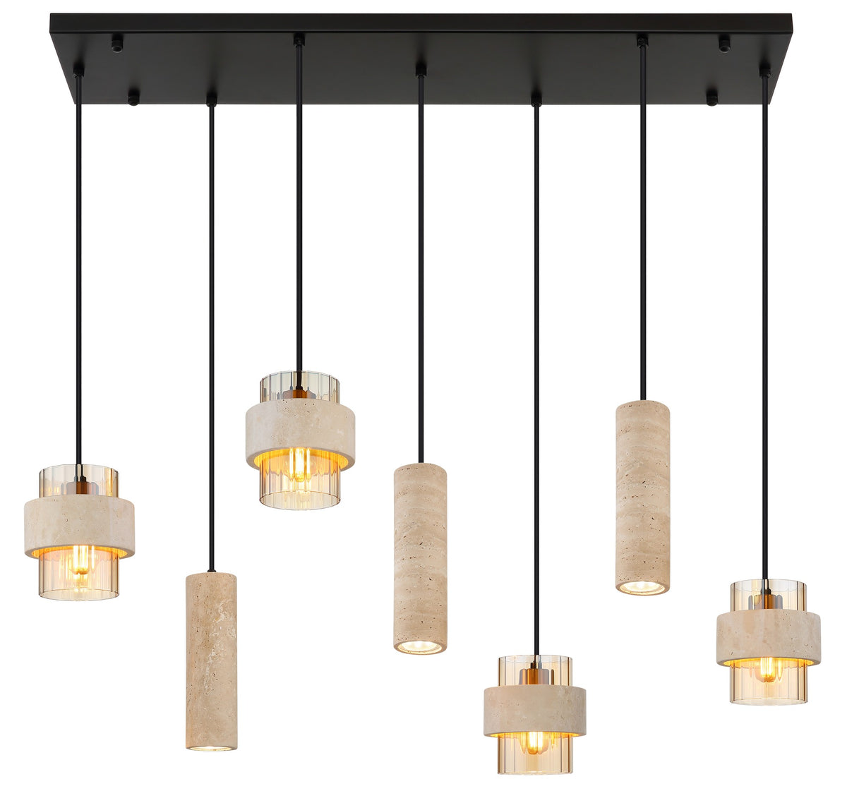 Zwarte metalen hanglamp met stenen cilinders en amberkleurig ribbelglas – afbeelding 2