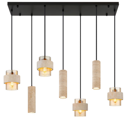 Zwarte metalen hanglamp met stenen cilinders en amberkleurig ribbelglas – afbeelding 2
