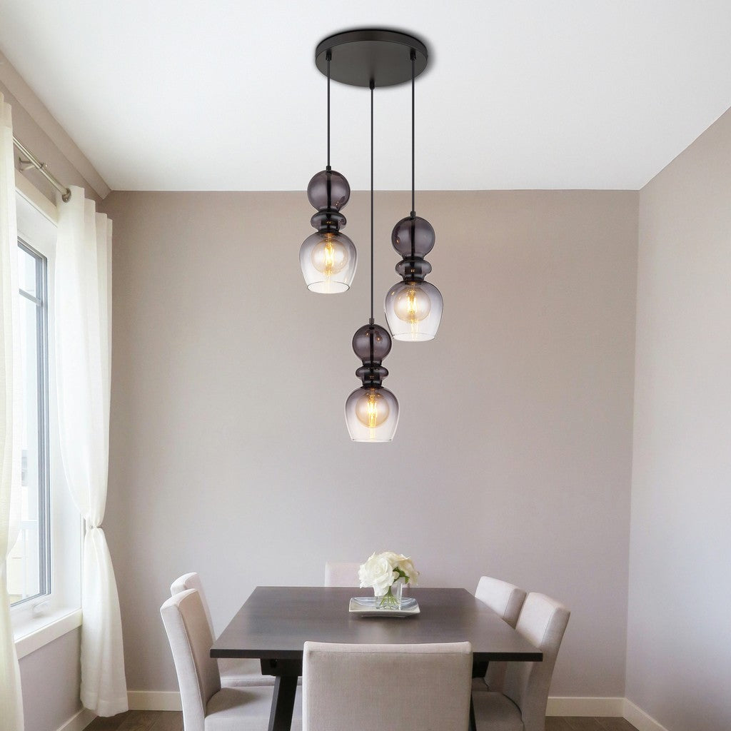 Fina svarta glas 3-lamps hänglampa – miljöbild